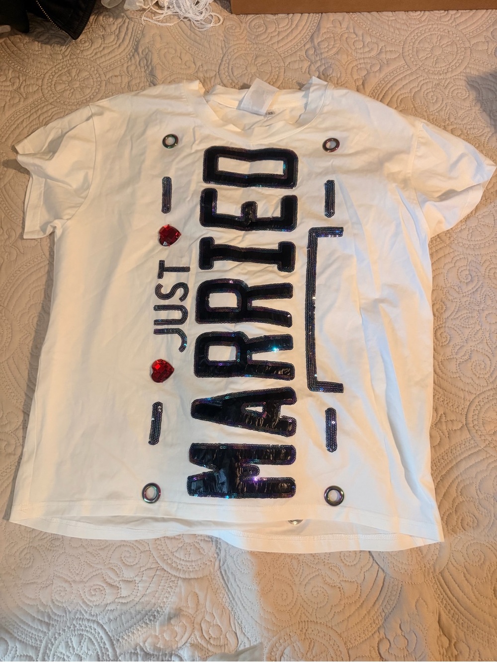 QOS White Sequin "Just Married" Tee